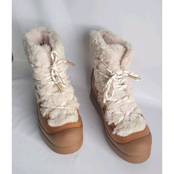 Tory Burch Courtney Round Toe Leather Shearling Platform Lace-up Boots Size 6M - Picture 7 of 8